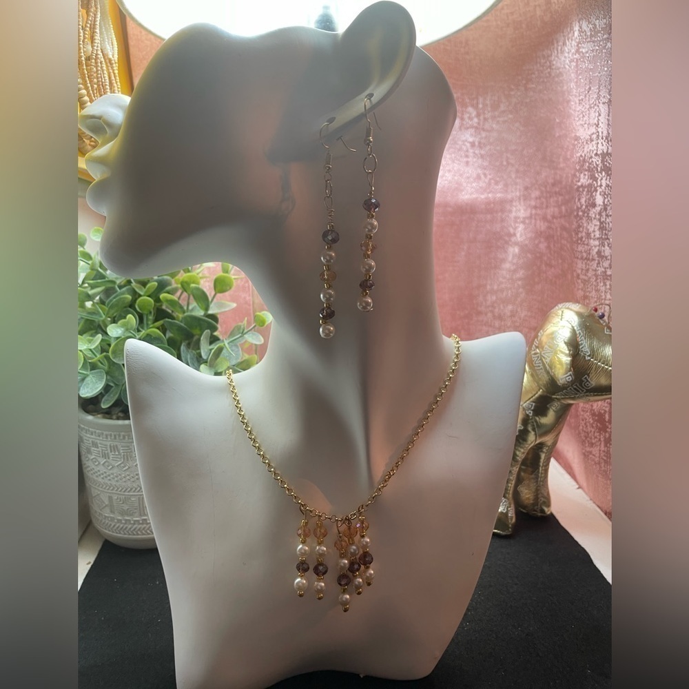 Drop Pearl and Bead Gem Necklace and Earring Jewelry Set